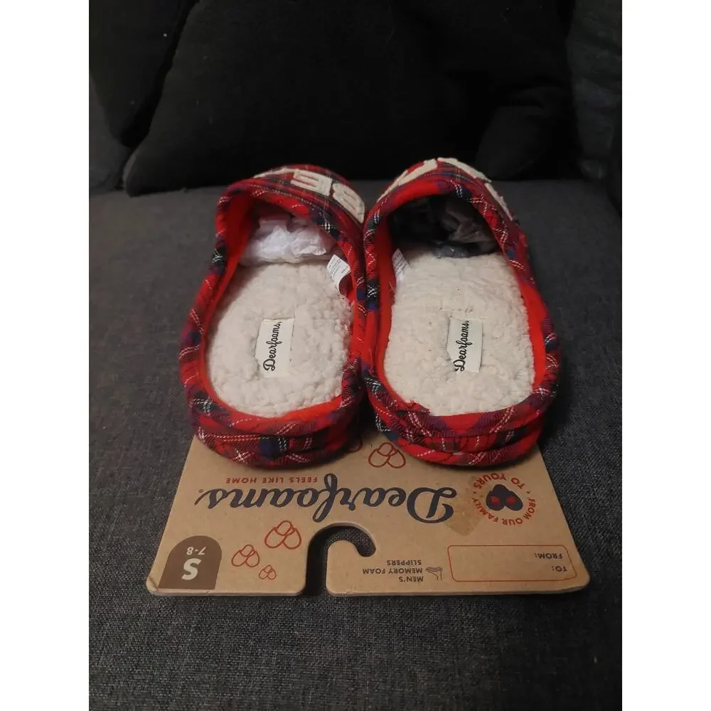 DEARFOAMS~Men's Small (7-8)~Fire Brick Red PAPA BEAR Plaid Clog Slippers New